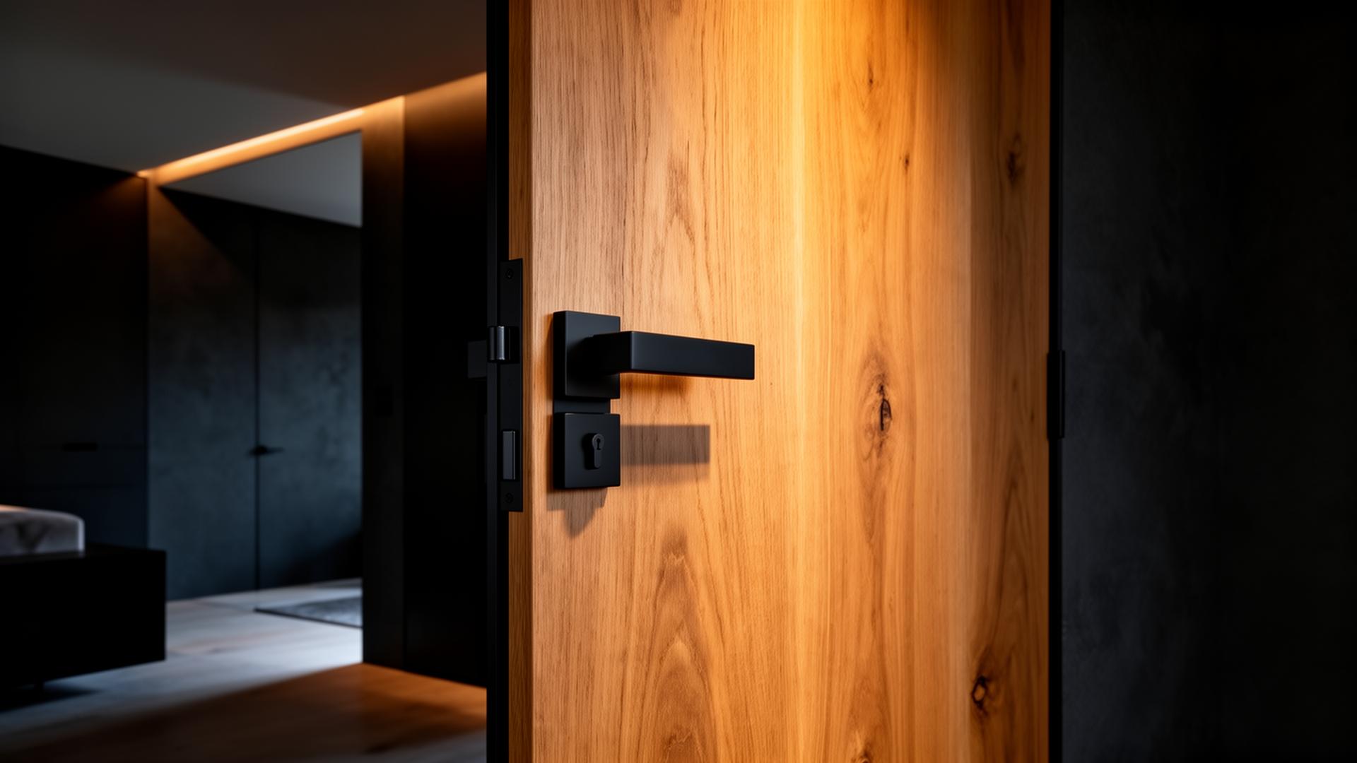 Villa interieur met warme eiken binnendeuren en mat zwart luxe deurbeslag van Slotman Solutions